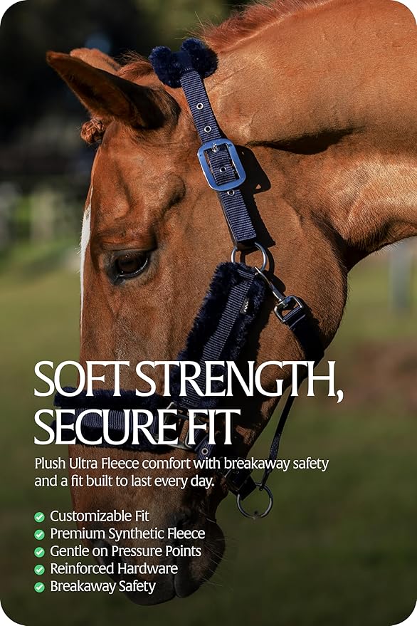 Equinavia Valkyrie Ultra Fleece Breakaway Horse Halter | Padded Fleece Adjustable Safety Halter with Nylon Webbing - Navy/Navy - Horse