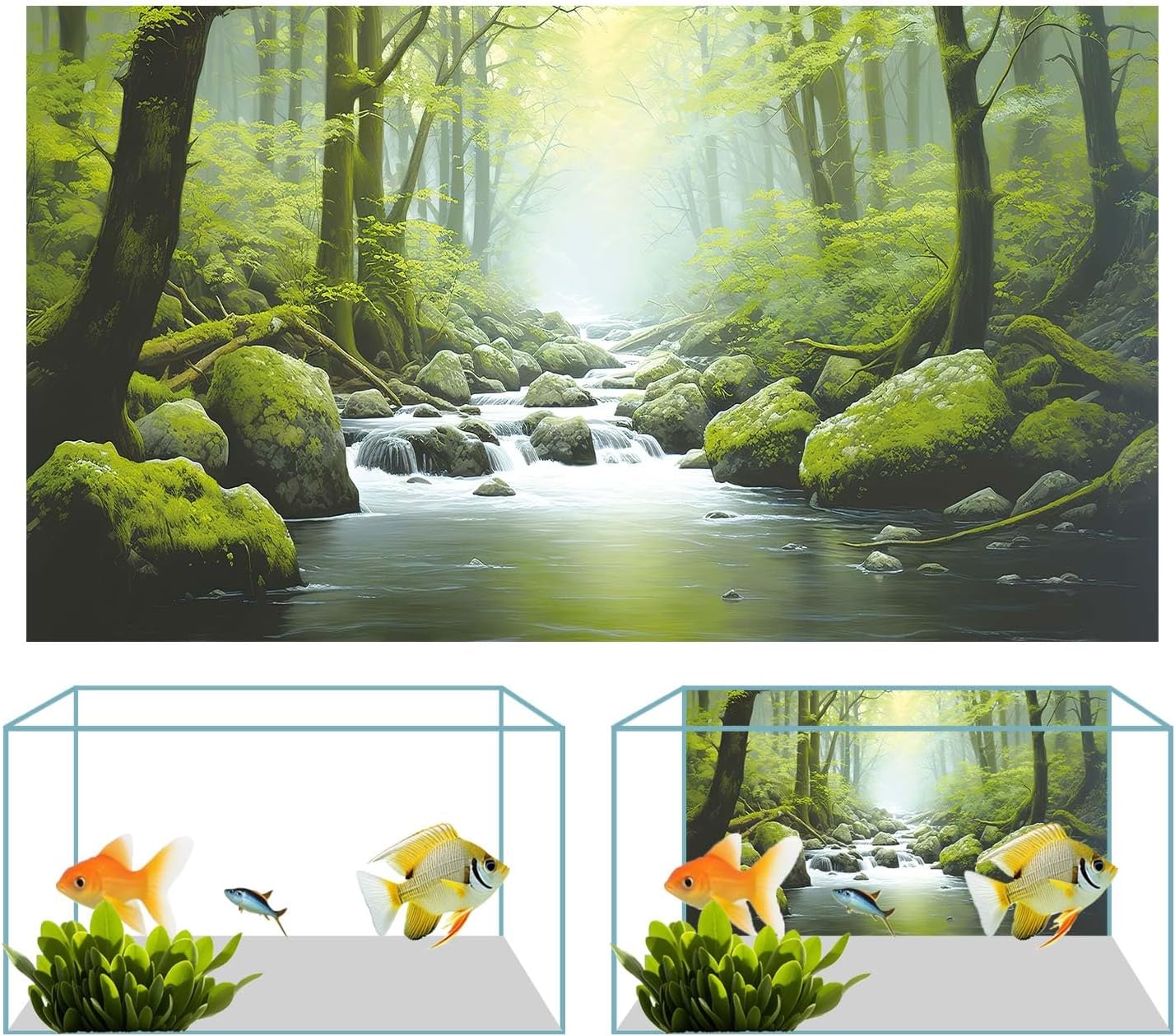 48X24IN Tropical Forest Terrarium Background, Natural Green Forest Tree Reptile Habitat Background, Misty Rainforest Aquarium Background, with 8 EVA Double-Sided Tape