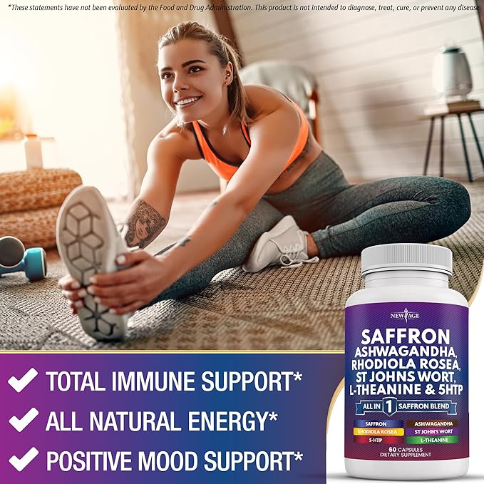 NEW AGE Saffron Supplements with Ashwagandha - Support with L-Theanine, Ginkgo Biloba, St. John's Wort, Rhodiola Rosea & 5-HTP - Saffron 180 Count