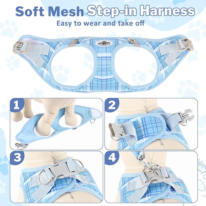 Gyuzh Small Dog Harness and Leash Set for Puppy & Kitten - 3-in-1 No Pull Step in Vest Collar, Lightweight Reflective Plaid, Padded Handle (Blue, XS)