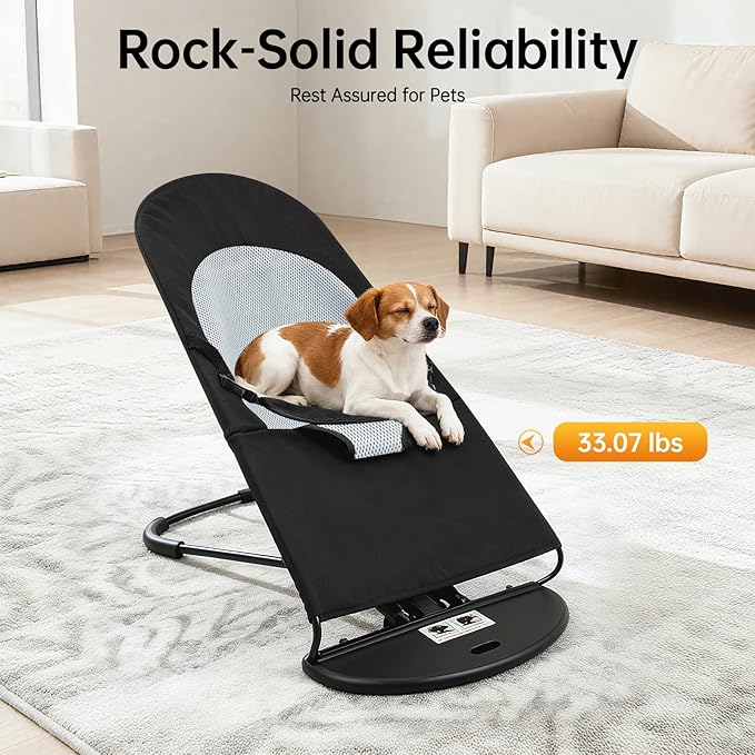 Pet Rocking Chair, Portable Foldable Pet Rocker Bed with 3-Level Height Adjustment, Pet Hammock for Small Dogs & Cats up to 33lbs, Breathable Mesh Hanging Bed with Safety Buckle (Black)