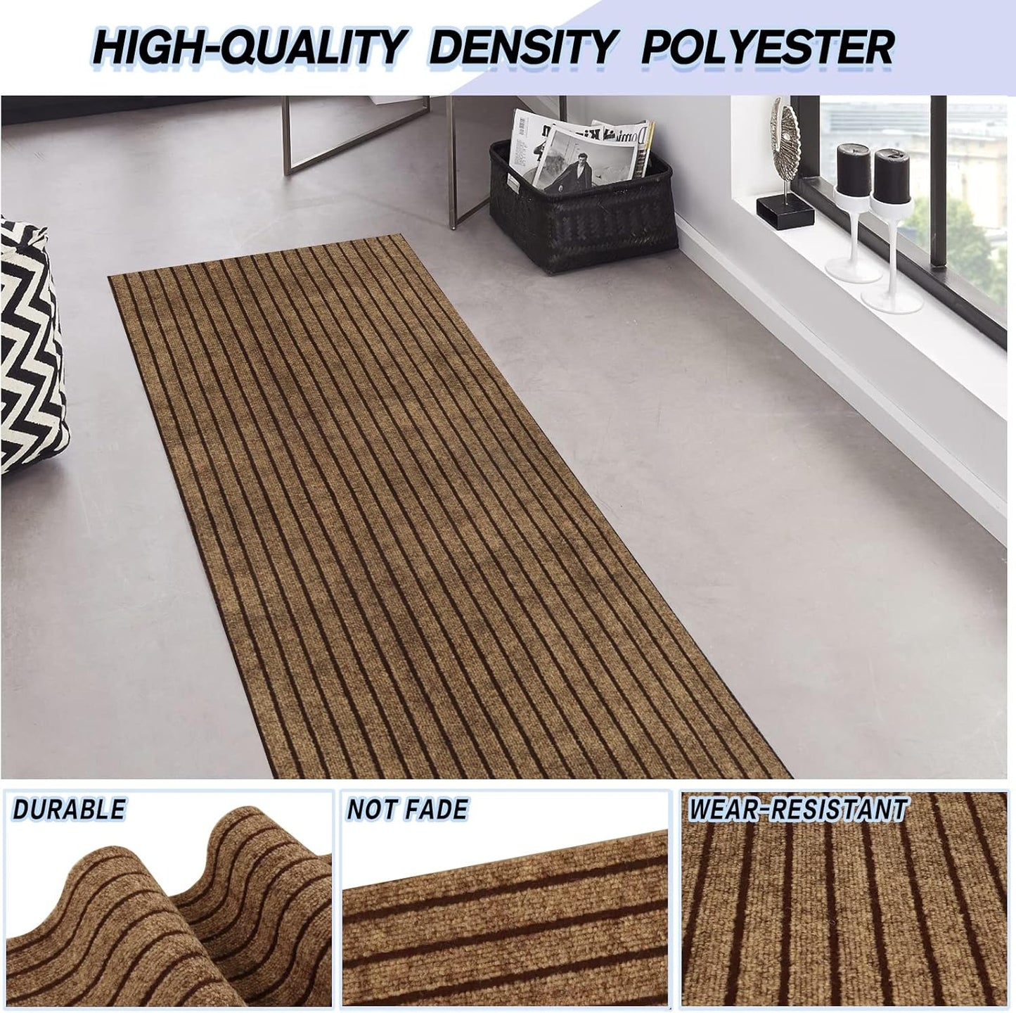 Custom Size Backed Non-Slip Area Rugs Runner, Easy Clean, Waterproof Runner Rugs for Hallway Entryway, Kitchen, Laundry, 4FT x 56FT, Brown Stripe