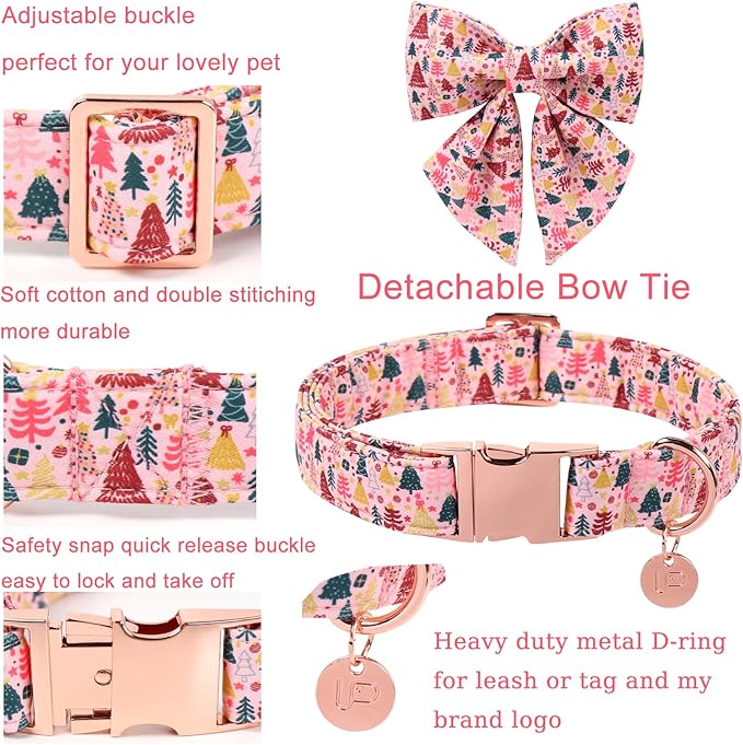 Christmas Dog Collar with Bow Tie, Pink Christmas Tree Collars for Dogs, Adjustable Pet Collar with Cute Xmas Tree Pendant, Winter Dog Accessories for Small Medium Large Dogs M