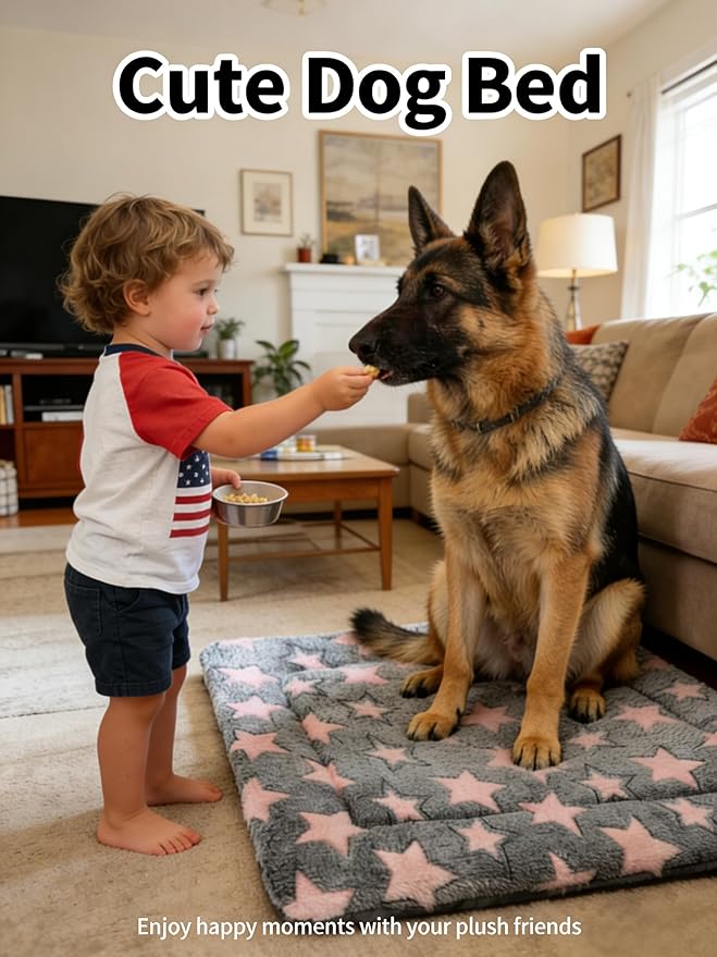Dog Bed Mat - Reversible Dog Crate Bed Mats, Soft & Breathable Kennel Pad, Durable Crate Bed for Small Dogs & Cats (Pink&Gray Stars, L(35"*23"*1.2"))