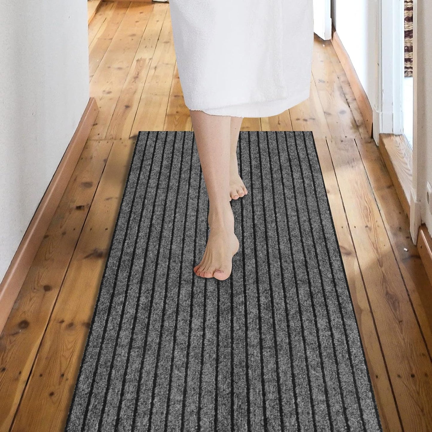 Custom Size Backed Non-Slip Area Rugs Runner, Easy Clean, Waterproof Runner Rugs for Hallway Entryway, Kitchen, Laundry, 4FT x 16FT, Gray Stripe