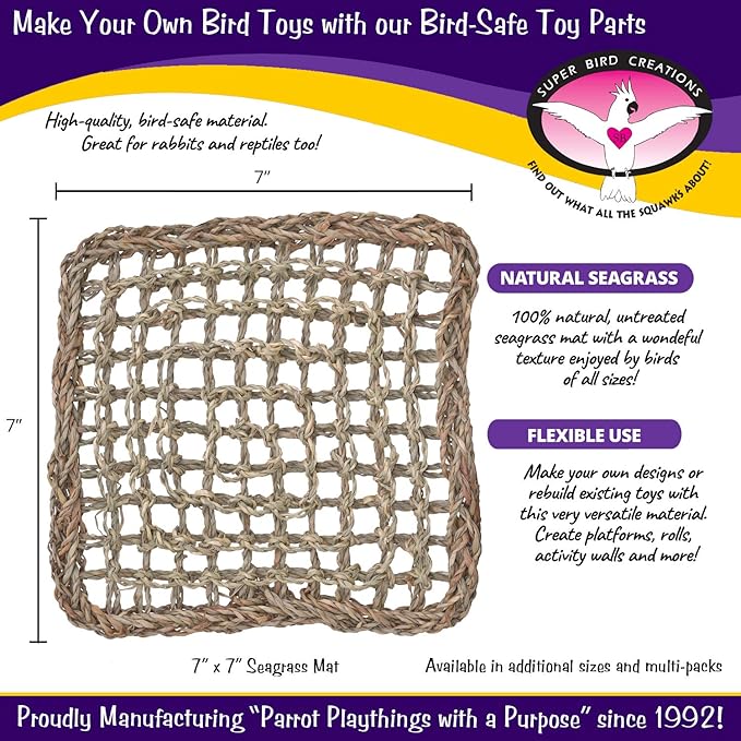 Super Bird Creations SB50001 Seagrass Mat for Cage Decor, Pet Enrichment and Boredom Relief - Versatile Toy-Making Base - Ideal for Parrots - Small to Large Birds & Reptiles - 7"x7" (1 Pack)