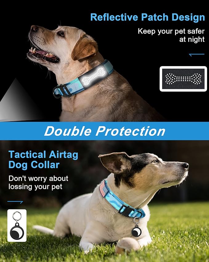 Hotsky Tactical Dog Collar and Leash Set, Heavy Duty Military Airtag Dog Collar with Handle and Metal Buckle for Training and Walking, with Airtag Holder and Two Patches (Blue Camo, L)