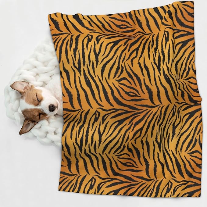 Reversible Dog Blanket for Beds Couches, Animal Print Tiger Black Gold, Double Sided Cat Blanket with Textured Dot Feel and Smooth Feel for Seasonal Comfort All Year