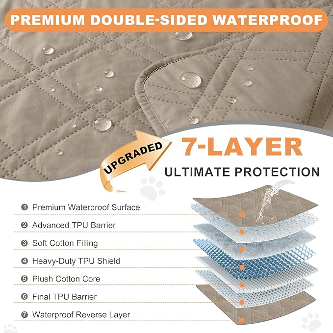 100% Waterproof Dog Couch Protector, Triple-Layer Waterproof Dog Bed Cover Pet Blanket Reversible 2-Tone Sofa Shield, Non-Slip Furniture Guard for Pets(35×71 Inch, Khaki+Khaki)