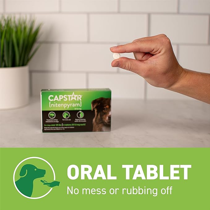 Capstar(nitenpyram) for Dogs Fast-Acting Oral Flea Treatment for Dogs Over 25 lbs, Vet-Recommended Medication Tablets Start Killing in 30 Minutes, 60 Doses