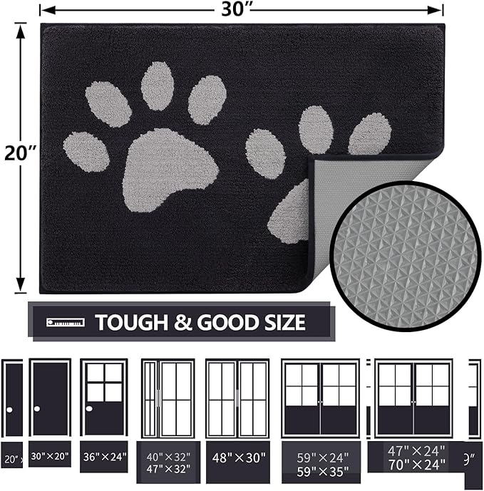 Buganda Dog Door Mat for Muddy Paws, Absorbent Dirt Trapper Washable Indoor Doormats, Non Slip Low-Profile Mud Mat for Dogs, Front Entrance Doormat for Inside Floor (30x20 Inches, Black and Grey)