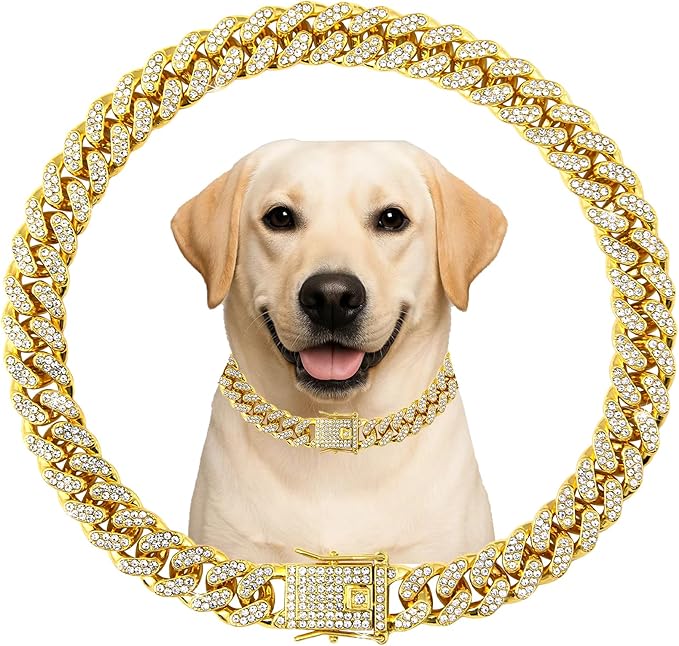 Dog Chain Designer Gold Crystal Pet Collar Cuban Link Chain with Secure Buckle Luxury Adjustable Necklacefor Small Medium Large Dogs Cats(Glod 18inch)
