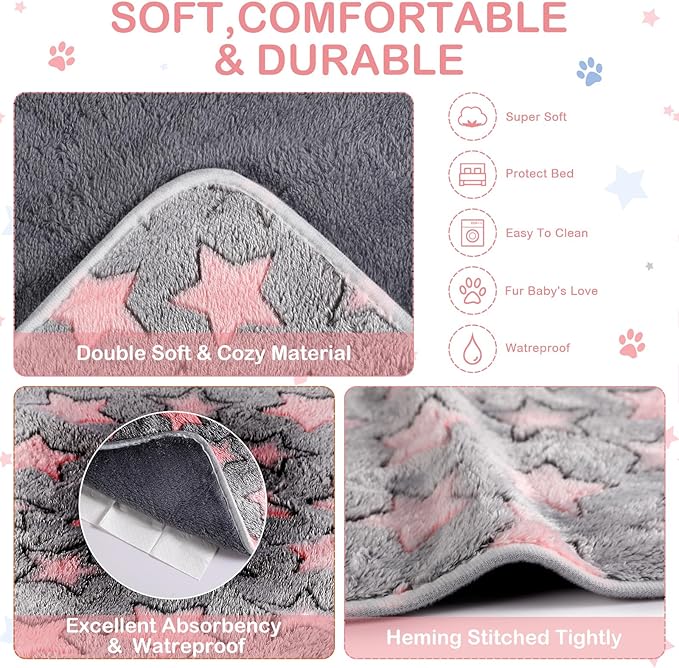 Reginary 4 Pcs Waterproof Guinea Pig Blankets Washable Small Animal Fleece Bedding Absorbent Guinea Pig Cage Liners Reusable Pet Pee Pad Sleep Mat for Hamster Ferret(Cute Star Pattern,24 x 47 Inch)