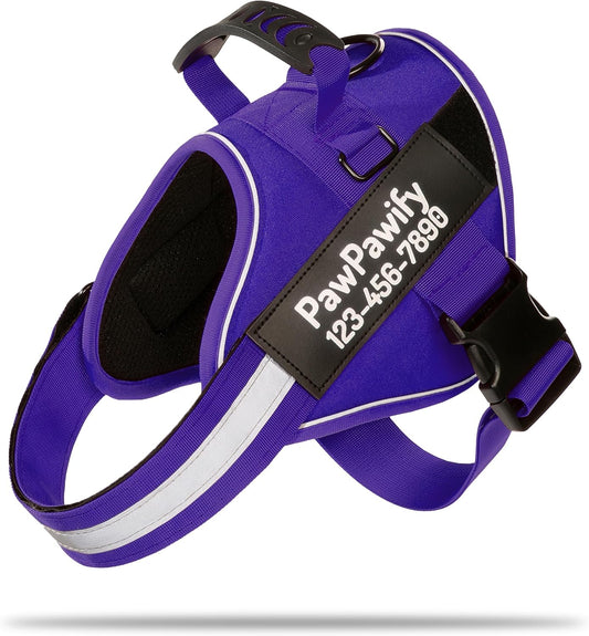 PawPawify Custom No Pull Dog Harness with Name and Phone Number, Heavy Duty Personalized Pet Vest to Prevent Tugging, Pulling, or Choking, Training and Walking (New Purple, XS (5-9LBS))