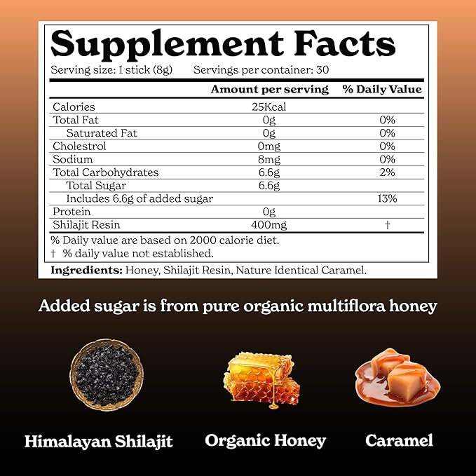 Pure Himalayan Shilajit Caramel Honey Sticks with Organic Honey, Saffron | Easy to Consume Shilajit| 30 Sticks for Energy Boost & Immune Support, 85+ Trace Minerals, 75%+ Fulvic Acid