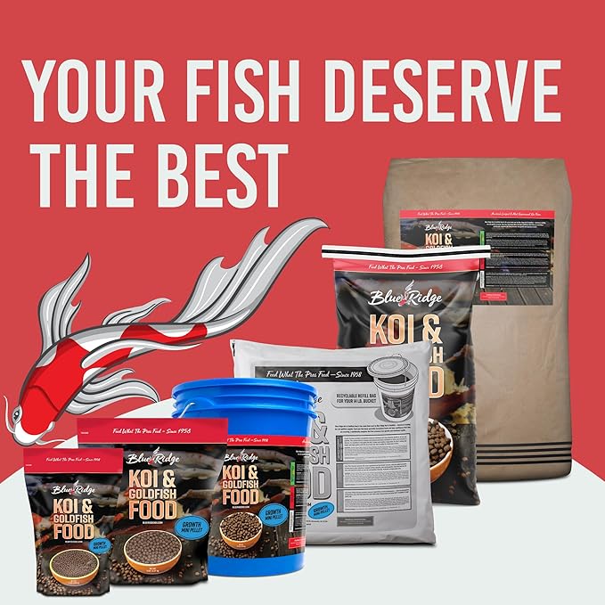 Blue Ridge Koi Fish Food 25lb - Koi Food Mini Growth Formula, Goldfish Food, Premium Fish Food for Ponds, Ponds Fish Food, Floating Pond Pellets