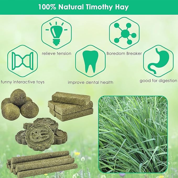 ERKOON 50Pcs Bunny Chew Toys, 100% Natural Timothy Hay Biscuit&Treats Sticks, Chew Toy for Teeth for Rabbit Chinchilla Guinea Pig Hamster Gerbil Squirrel, 17oz