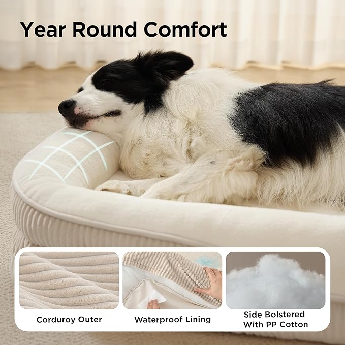 Bedsure XL Orthopedic Dog Beds Large Sized Dog - 360° Oval Bolster Large Dogs Bed for Senior Dogs with Waterproof Washable Cover, Extra Large Comfort Pet Sofa Couch with Ultra-Soft Fleece, Beige, 42"