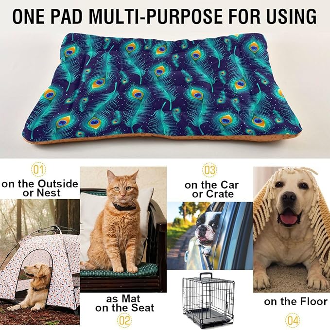 Peacock Feather Pet Bed Cute Dog Bed Mat Absorbing Non Slip Pad Pet Sleeping Mat for Small, Medium, and Large Dogs Puppy Cat 24 in x 18 in