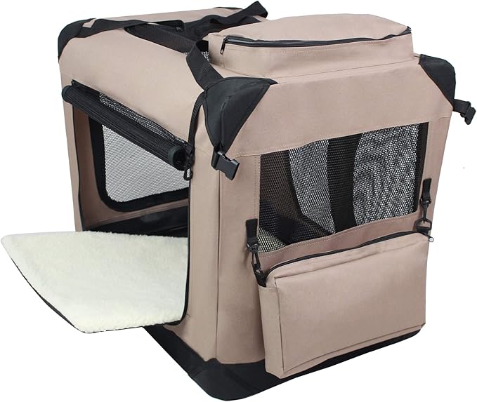 EliteField 3-Door Folding Soft Dog Crate with Carrying Bag and Fleece Bed (2 Year Warranty), Indoor & Outdoor Pet Home (36" L x 24" W x 28" H, Khaki)
