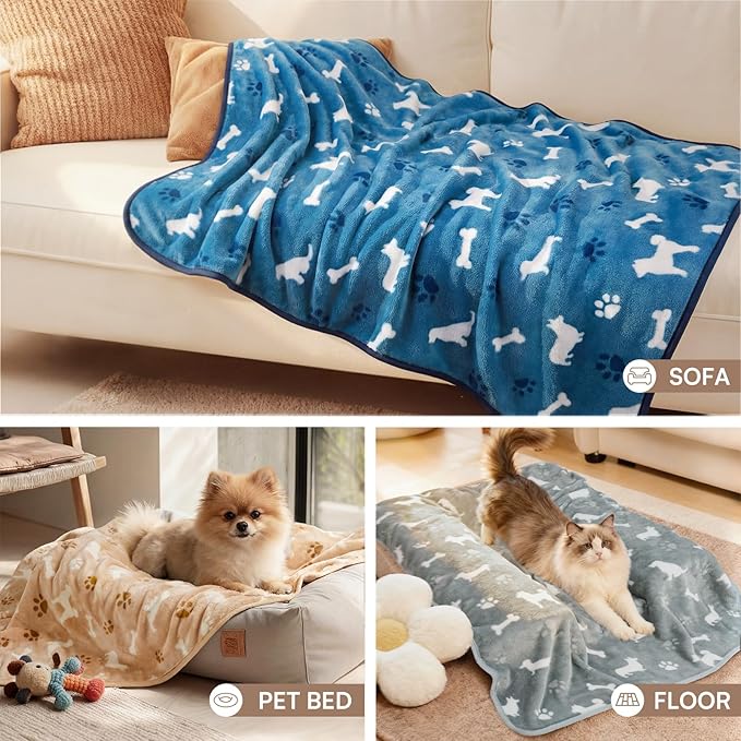 Luciphia 1 Pack 3 Blankets, Cute Dog Printed Fluffy Fleece Pet Blanket for Dogs Cats Washable, Warm Soft Throw Cover for Crate Couch, Gifts Puppy Essentials, Blue/Grey/Khaki, Small (23x16 inch)