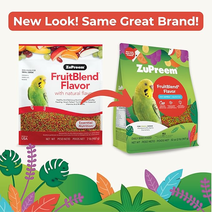 ZuPreem FruitBlend Bird Pellets, Daily Bird Food for Parakeet, Budgie, Parrotlet, Dove, Core Nutrition for Small Birds, Made in USA, Parakeet & Budgie Food (S, 2 lbs)