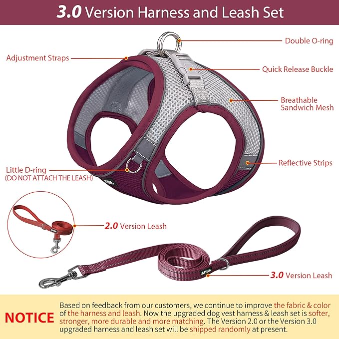 AIITLE Small Harness for Puppy with A Leash - Christmas Dog Vest Harness with Super Breathable Mesh, Reflective No-Pull Pet Harness for Outdoor Walking, Running for Small Dogs, Cats Burgundy XXS