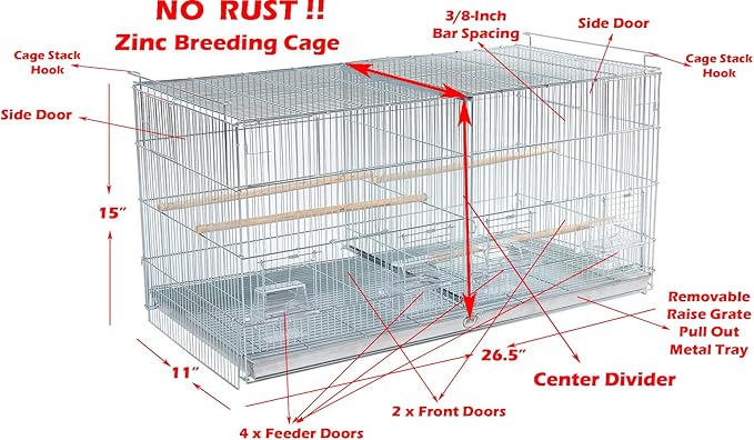 No Rust Stainless Galvanized Zinc Plated 4 of Stack and Lock Double Breeder Breeding Bird Flight Cage with Removable Divider and Breeder Doors 26.5" x 11" x 15"H