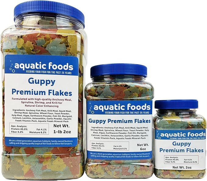 Aquatic Foods Inc. Premium Guppy and Endler Flake Food Also for Tetras, Zebras, All Nano and Micro Fish Also Pellet Mix, Wafer Mix Included…2oz