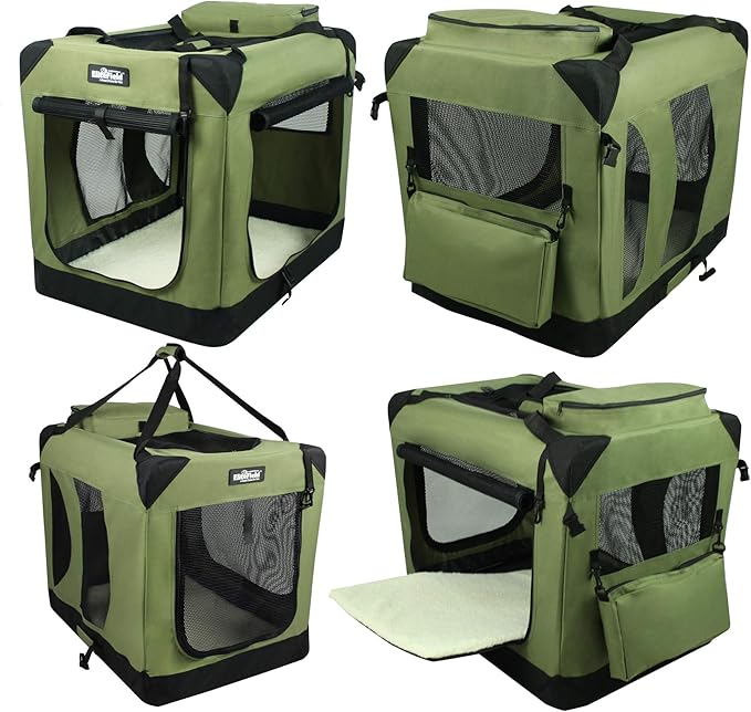 EliteField 3-Door Folding Soft Dog Crate with Carrying Bag and Fleece Bed (2 Year Warranty), Indoor & Outdoor Pet Home (20" L x 14" W x 14" H, Sage Green)