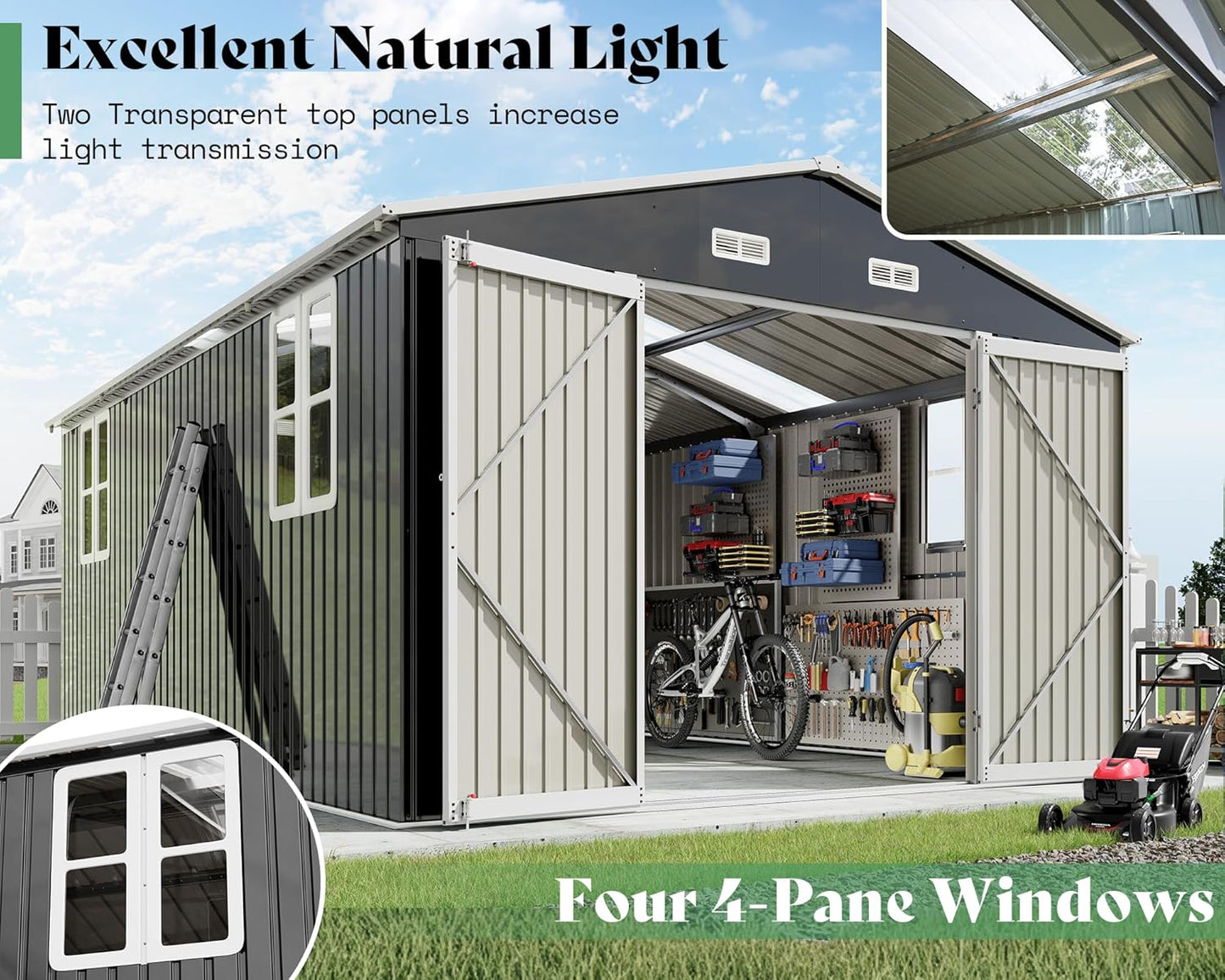 AMERLIFE 10x16.3x7 FT Galvanized Steel Storage Shed with Dual Transparent Panels, 4 4-Pane Windows & Hinged Double Doors, Outdoor Shed for Backyard, Garden, Patio, Dark Grey/White