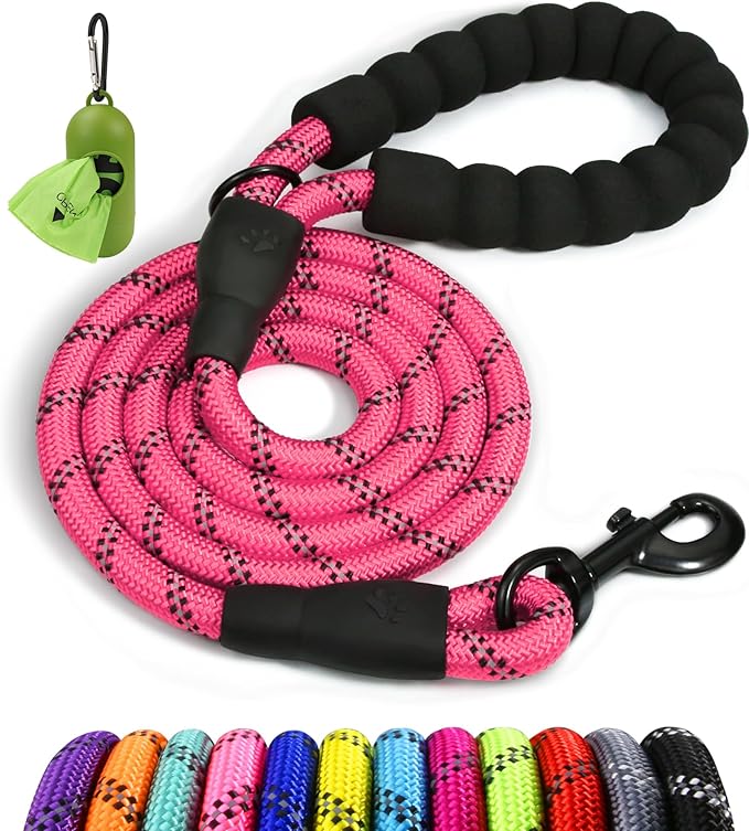 Taglory Rope Dog Leash 5 FT with Comfortable Padded Handle, Highly Reflective Threads Leash and Anti-Tangle Clip for Walking Small Dogs, 3/8 inch, Pink