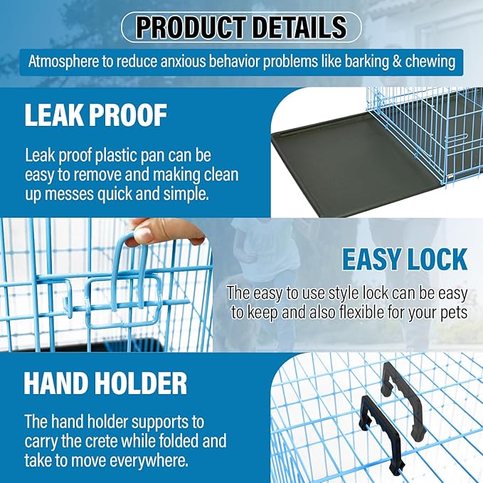 Dog Crate 36" Metal Wire Dog Cage Double Door Folding Dog Kennel with Divider Panel, Leak-Proof Plastic Pan, Foldable Travel Pet Crate for Small Medium Breed Dogs Animals,Blue