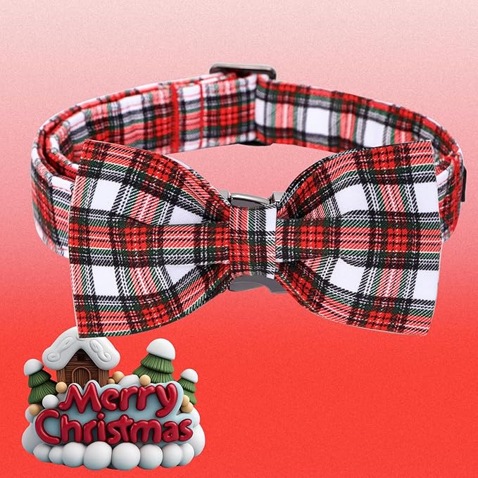 Christmas Dog Collar, Red Plaid Cotton Collars with Bow Adjustable Pet Collar Premium Metal Buckle, Christmas Puppy Necklace for X-Small Girl and Boy Dogs