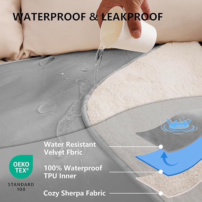 Waterproof Blanket for Bed, Leak Proof Dog Couch Sherpa Throw Blankets Queen Size, Reversible Pet Sofa Furniture Protector Machine Washable-86 x90,Darkgrey