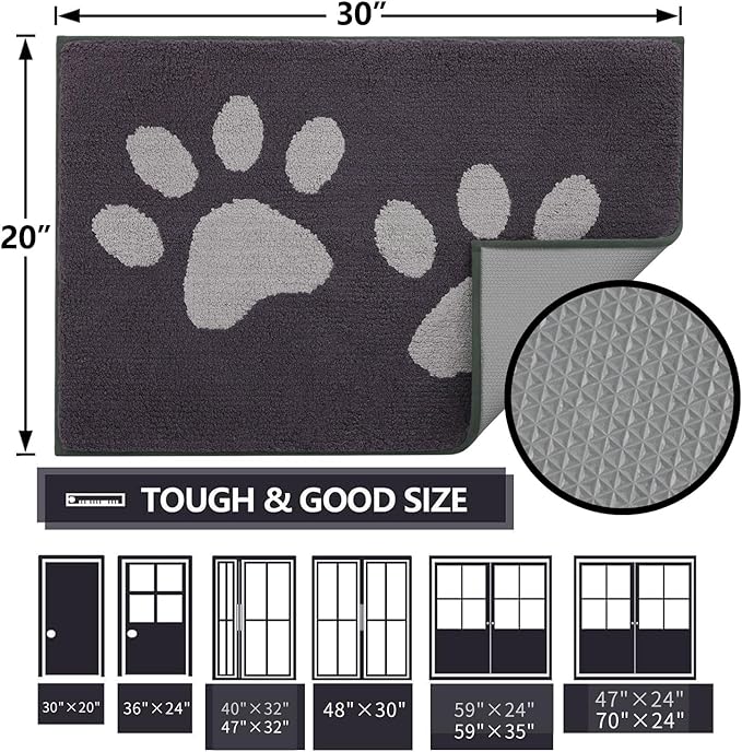 Buganda Dog Door Mat for Muddy Paws, Absorbent Dirt Trapper Washable Indoor Doormats, Non Slip Low-Profile Mud Mat for Dogs, Front Entrance Doormat for Inside Floor (48x30 Inches, Dark Grey)