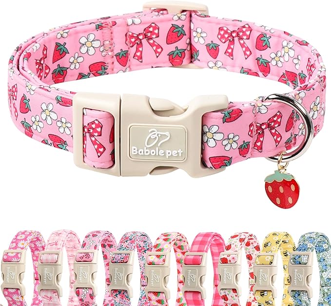 Strawberry Bow Dog Collar for Medium Dogs - Cute Pink Spring/Summer Girl Dog Collars, Lightweight Adjustable Female Girly Dogs Collars with Quick Release Buckle M