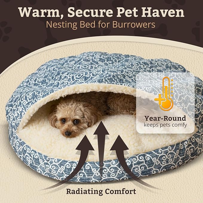 Snoozer Cozy Cave Dog Bed - Indoor Dog Bed with Cover Cave, Covered Calming Burrow for Small & Medium Sized Pets with Blanket Attached, Enclosed, Removable Washable Cover - Large, Ramey Oxford