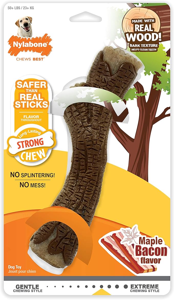 Nylabone Real Wood Stick Toy Strong Chew Toy for Dogs, Rubber Dog Toys for Moderate & Aggressive Chewers, Bacon Flavor, X-Large - 50+ lbs, 1 Count