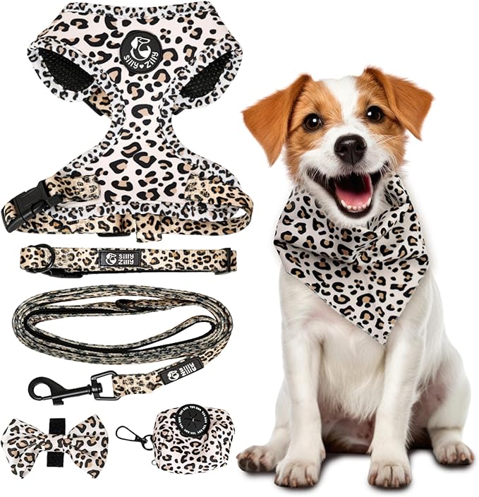 No Pull Harness and Leash Set - 6-in-1 Adjustable Vest Harness and Collars for Medium and Large Dogs. (Leopard, Extra Small)