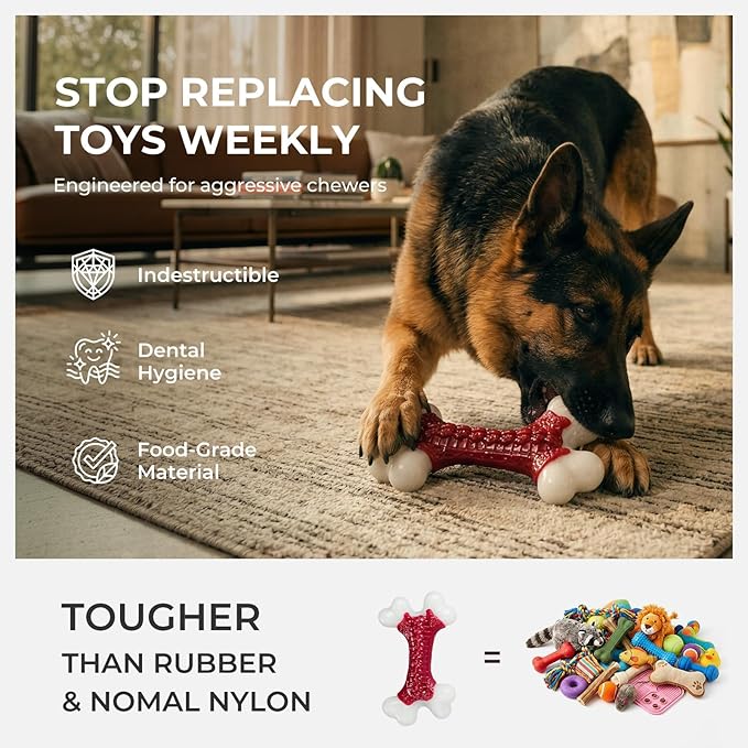 6-Pack Indestructible Dog Toys for Aggressive Chewers: Beef Flavored Hard Nylon Bone Chew Toys, Tough Dog Chew Toys for Large Dogs, Dog Toys to Keep Them Busy for Medium Large Breed, Red