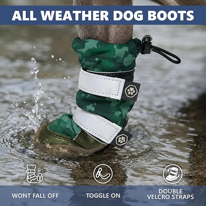 Spark Paws Dog Shoes, Waterproof Dog Boots for Medium to Large Dogs, Non Slip, Breathable Dog Booties and Paw Protectors - 4PCS Doggie Hiking Boots with Reflective Straps, Green Camo, Size 7