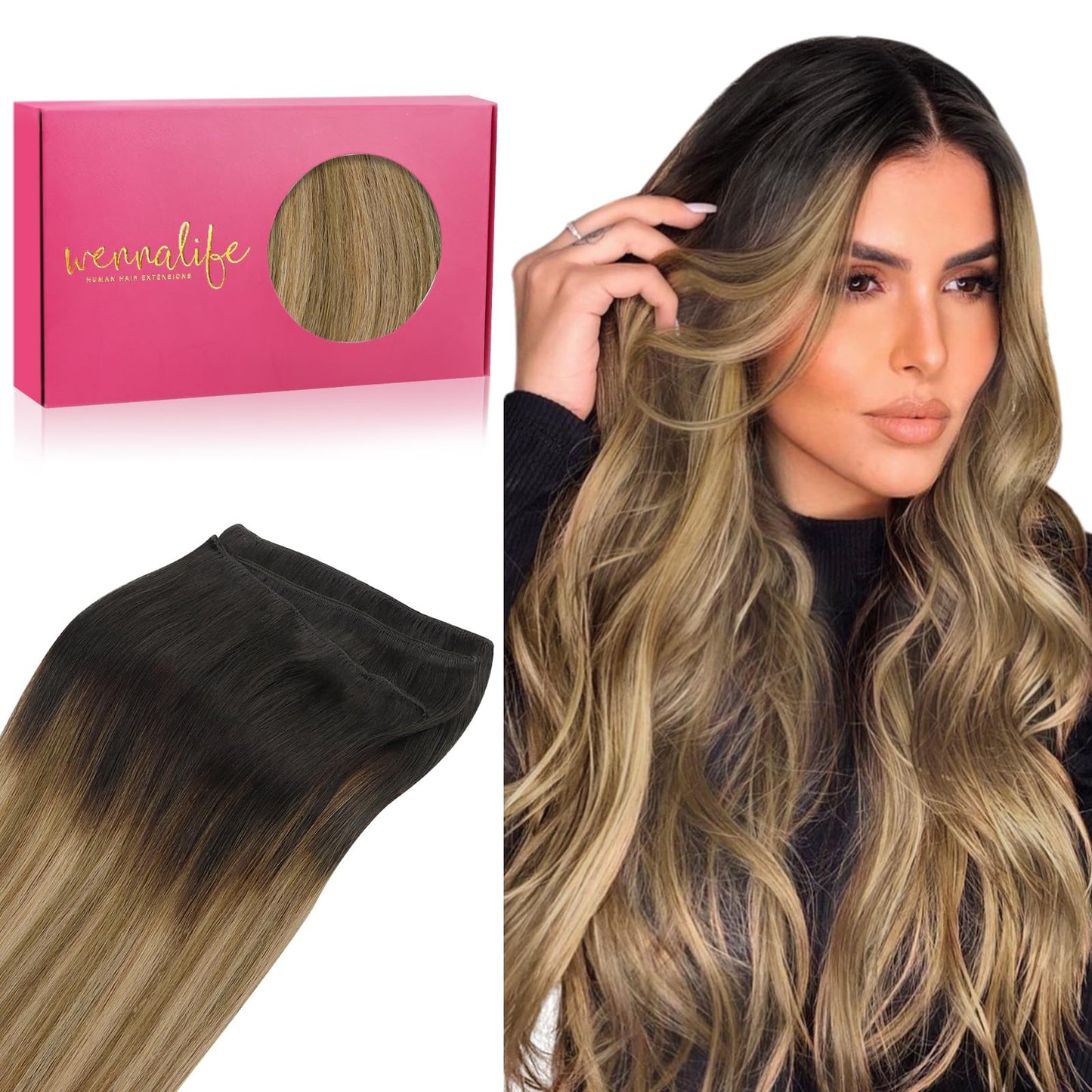 Wennalife Sew In Hair Extensions Real Human Hair, 16 Inch 80G Dark Brown To Chestnut Brown And Dirty Blonde Highlighted Machine
