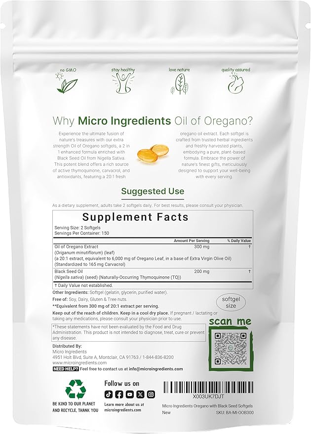Micro Ingredients Oil of Oregano 6,000mg Softgels & Pure Triple Magnesium Complex 400mg Capsules | 2 Pack Bundle | 4X Strength Thymoquinone with Black Seed | Glycinate, Malate, & Taurate Forms