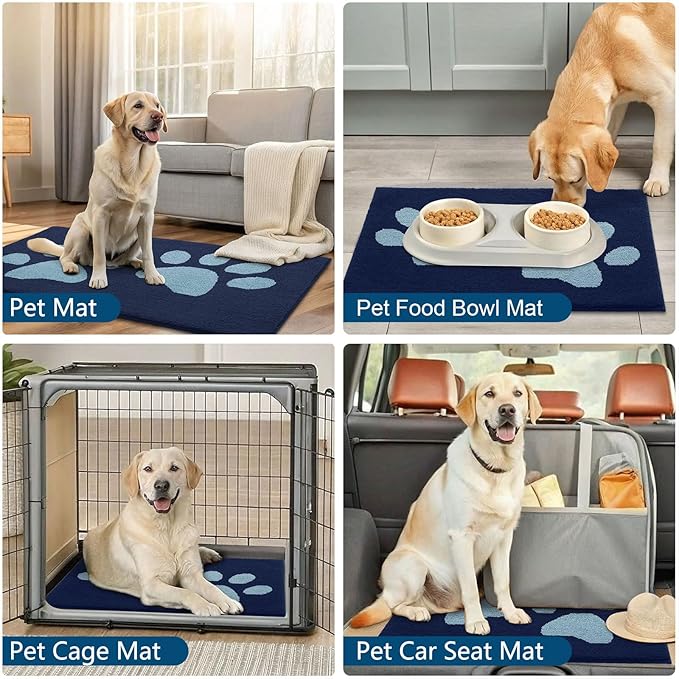 Buganda Dog Door Mat for Muddy Paws, Absorbent Dirt Trapper Washable Indoor Doormats, Non Slip Low-Profile Mud Mat for Dogs, Front Entrance Doormat for Inside Floor (30x20 Inches, Dark Blue)