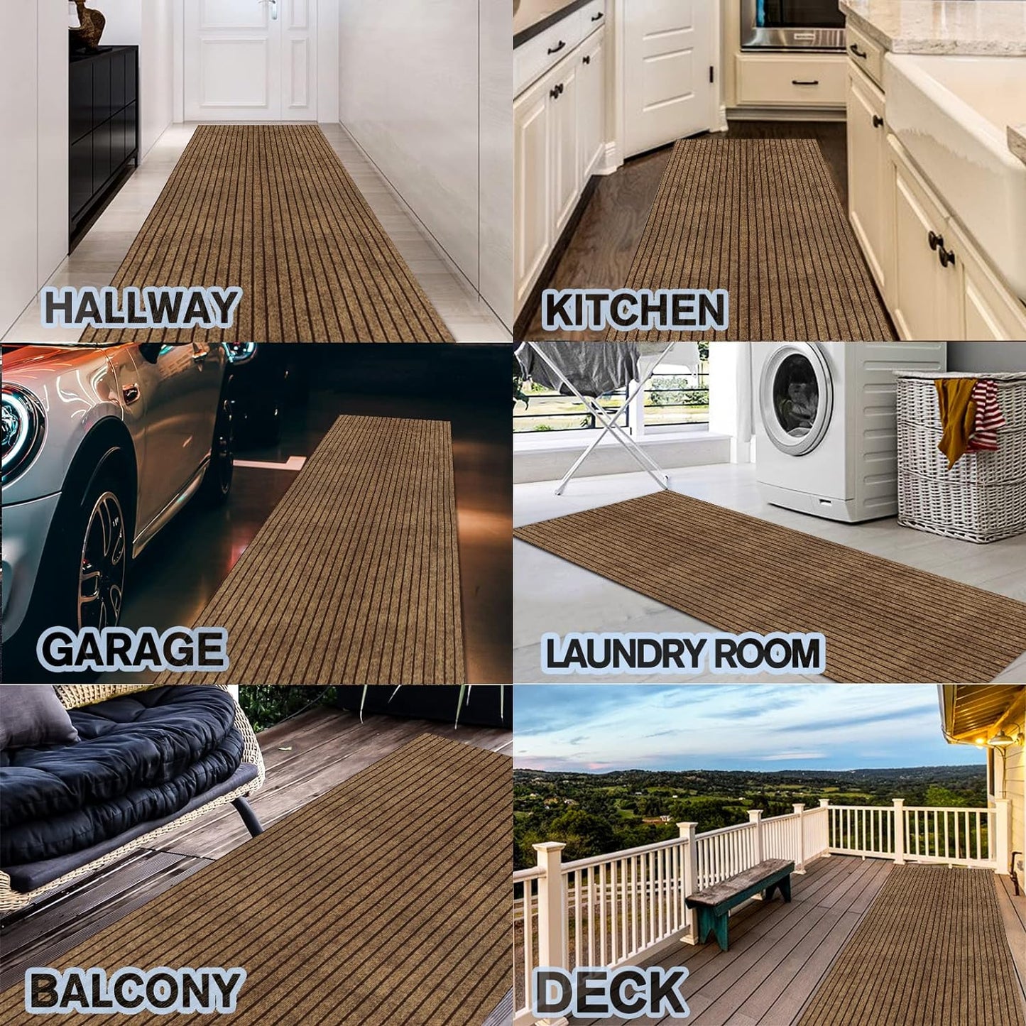 Custom Size Backed Non-Slip Area Rugs Runner, Easy Clean, Waterproof Runner Rugs for Hallway Entryway, Kitchen, Laundry, 3FT x 20FT, Brown Stripe