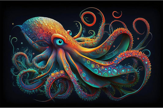 Octopus Aquarium Background Abstract Colorful Octopus Terrarium Background Glowing Octopus on Black Background Fish Tank Backdrop Poster Wallpaper Decorations Vinyl 36x24in