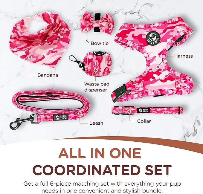 No Pull Harness and Leash Set - 6-in-1 Adjustable Vest Harness and Collars for Medium and Large Dogs. (Military Pink, Small)
