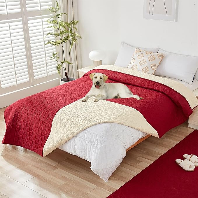 GIBZ Water Resistant Dog Bed Blanket Cover Large Anti Slip Pet Furniture Protector Washable Cat Quilted Mat for Couch, Red, 210x210cm