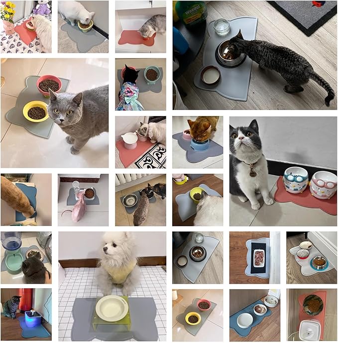 Cat Food Mat, Silicone Pet Feeding Mat for Floor Non-Slip Waterproof Dog Water Bowl Tray Cushion (20" x 12", Stone Blue)